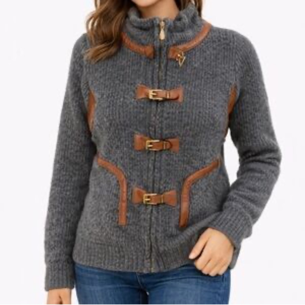 Smythe Virgin Wool Brown Leather buckles Full Zip Up Knit Bomber Grey Jacket, 6